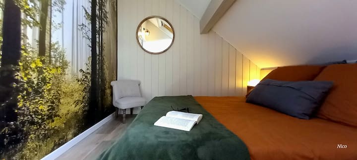 la chambre forêt...chambre mansardée avec lit double, on s'y sent comme dans un cocon.