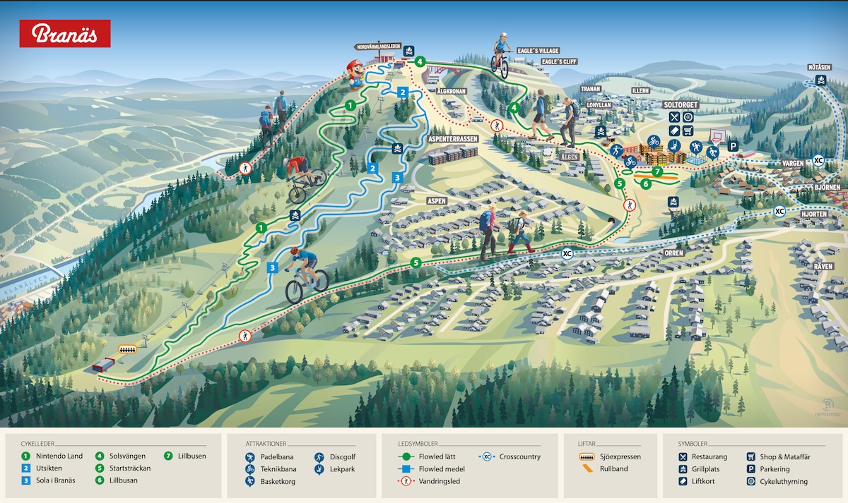A detailed map of Branäs illustrates various outdoor activities and trails, including cycling paths and walking routes. Key points of interest, such as ski lifts and leisure facilities, are marked with symbols. The natural landscape and mountainous terrain highlight the beauty of the region.