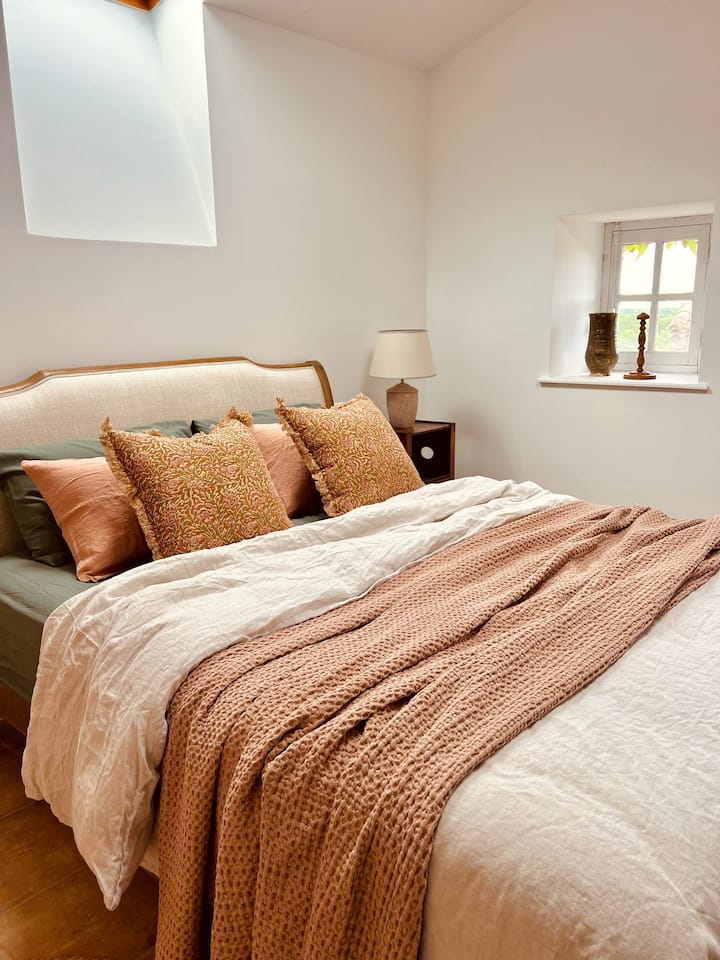 La "Grande Terre" – Ricordando la campagna circostante 
Al piano superiore: 14 m² – Letto Queen (160 x 200 cm)
Offrendo senza dubbio la vista più bella del Mas, lo sguardo si perde sul Mont Bouquet.