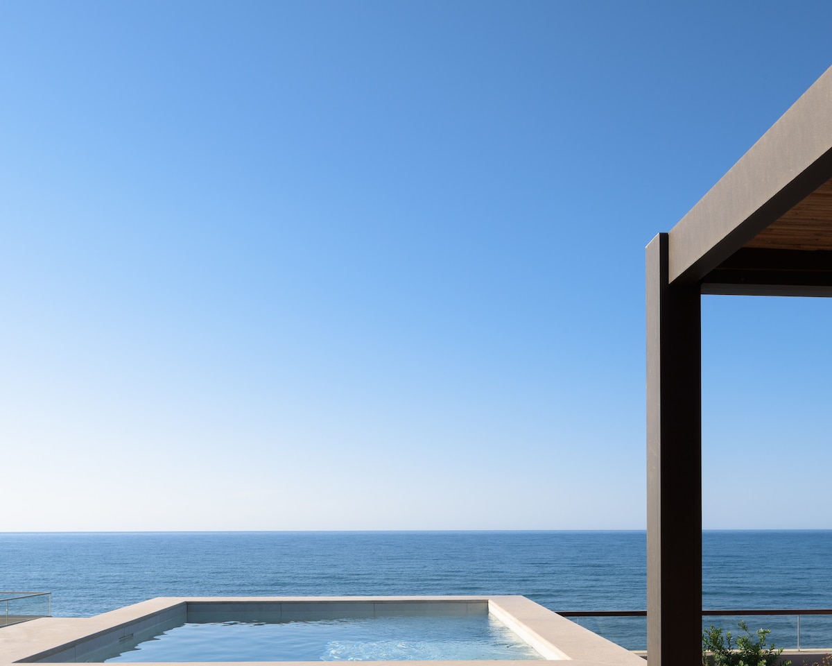 The image presents a private plunge pool overlooking the expansive sea, complemented by a clear blue sky. The structure features a modern frame that adds elegance to the serene beachfront view.