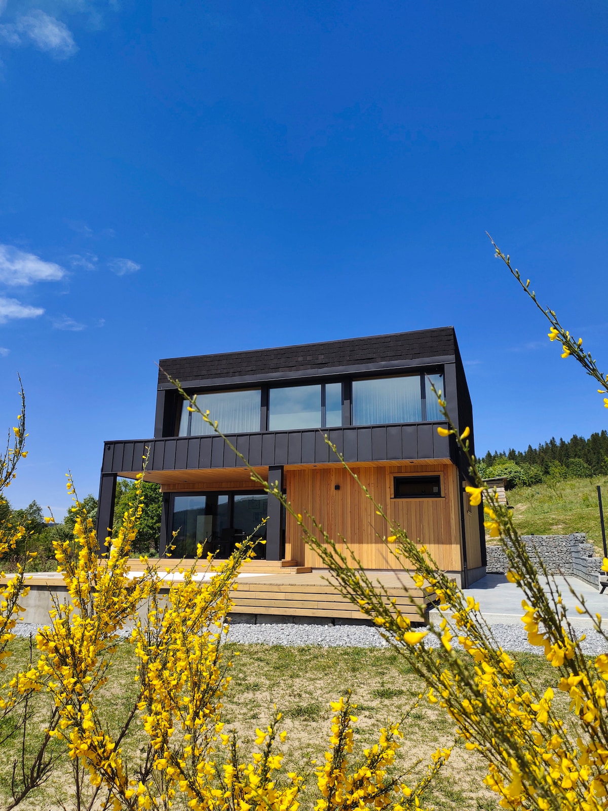 A modern two-story house is presented with a combination of wooden and dark exterior. Large windows offer expansive views, while a wooden deck extends from the entrance, surrounded by vibrant yellow flowers that add a touch of color to the landscape.