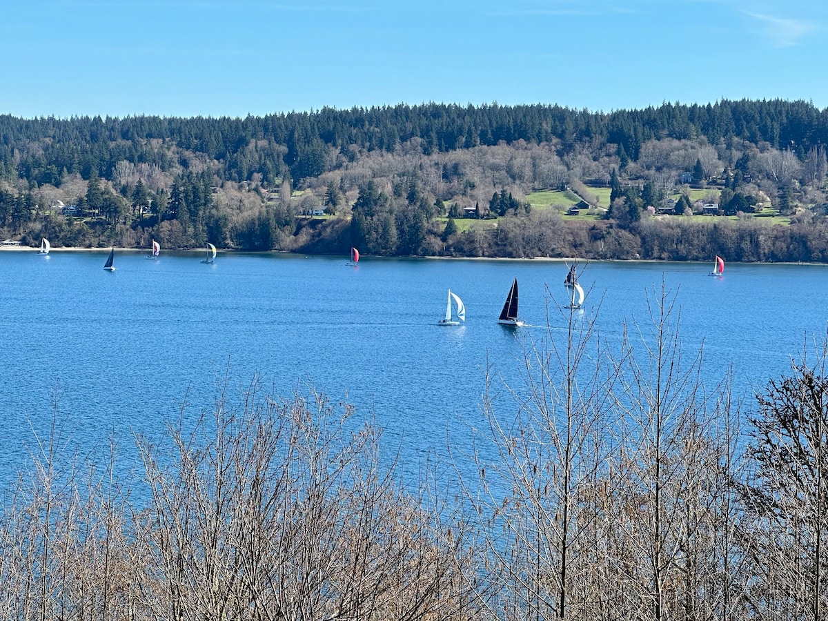 Sailboats glide across the shimmering water of Colvos Passage, surrounded by lush greenery and gentle hills. The landscape reflects a serene rural setting, with a clear blue sky providing a bright backdrop to the scene.