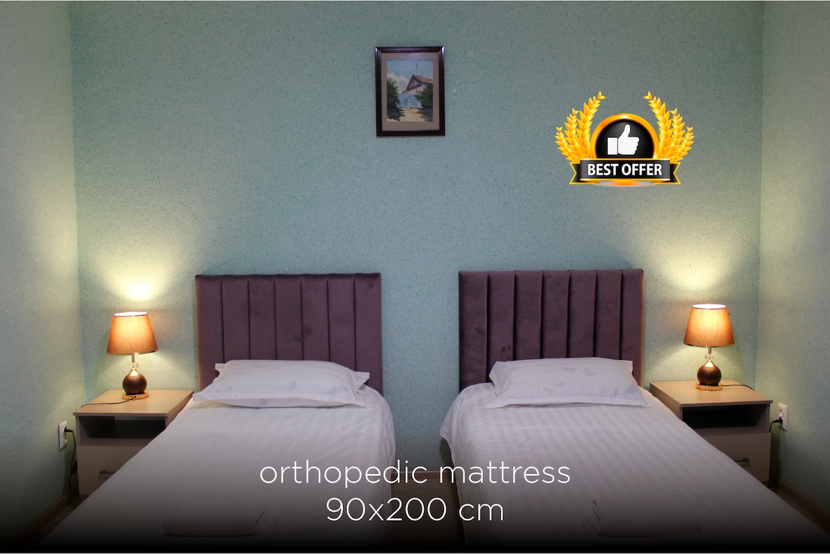 The guest room features two spacious beds with orthopedic mattresses, providing comfort for restful sleep. Soft lighting from bedside lamps complements the light green walls, while a framed picture is displayed above the headboard. Nightstands provide additional space for personal items.