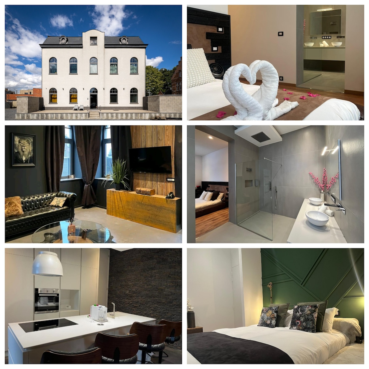 An elegant building is showcased under a bright blue sky, featuring a modern facade with arched windows. The interior includes a cozy seating area with a rich green couch and a sleek television. Modern bathrooms are depicted alongside a contemporary kitchen space.