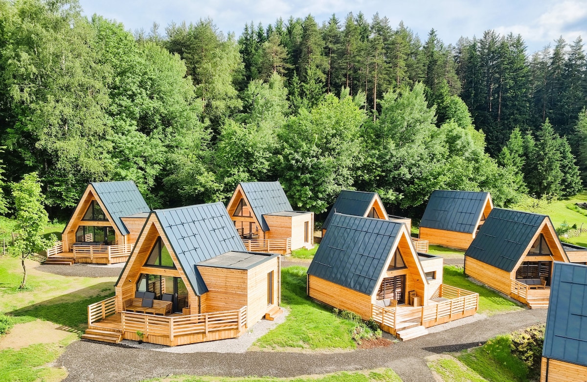 A cluster of charming wooden chalets is nestled among lush greenery, showcasing contemporary architecture. Each chalet features a sloped roof and welcoming porch areas. Surrounding pathways connect the units, enhancing accessibility and inviting exploration of the tranquil landscape.