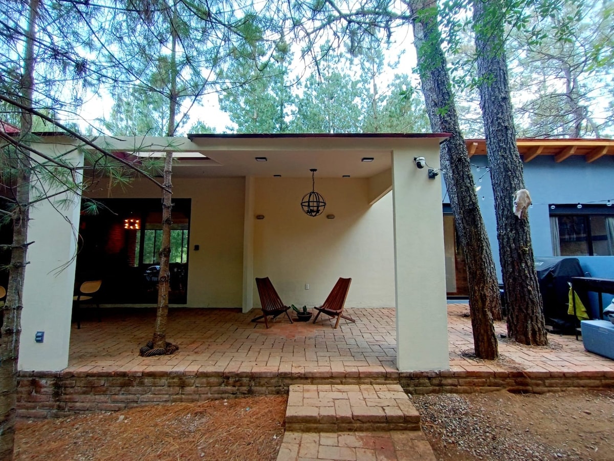 An outdoor seating area is presented, featuring two wooden chairs positioned on a stone patio. Surrounding pine trees create a natural setting. A hanging light fixture adds subtle illumination, while a charcoal grill is visible in the background.