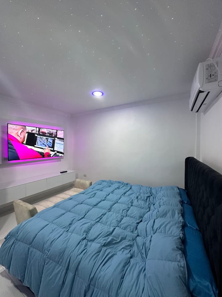 Habitación amplia con cama tamaño king, esta habitación cuenta con televisión y baño privado.