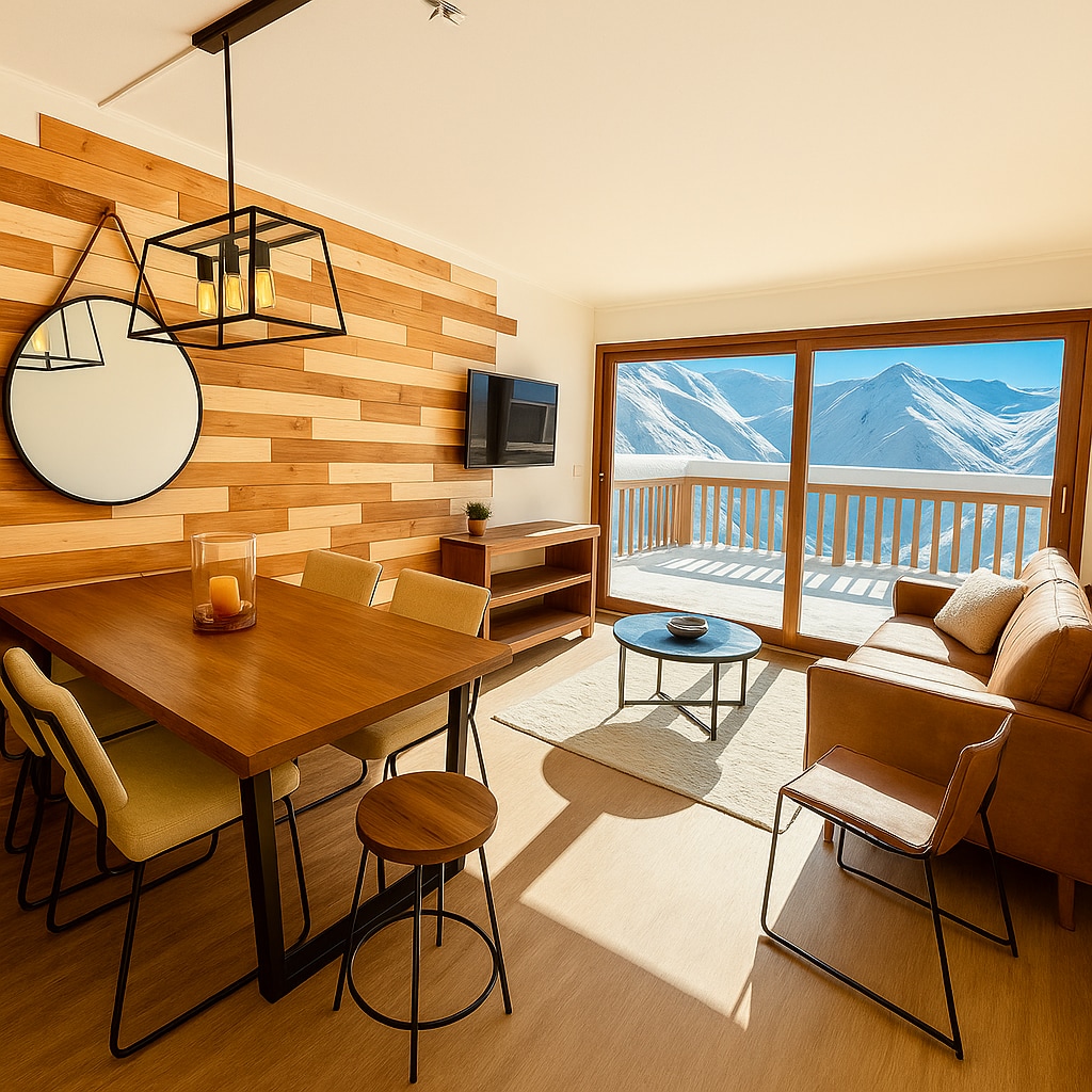 A modern dining area features a wooden table surrounded by four chairs and two stools. A comfortable sofa faces a large window showcasing stunning mountain views. The interior is accented by natural wood panels and a round mirror, creating a warm and inviting atmosphere.