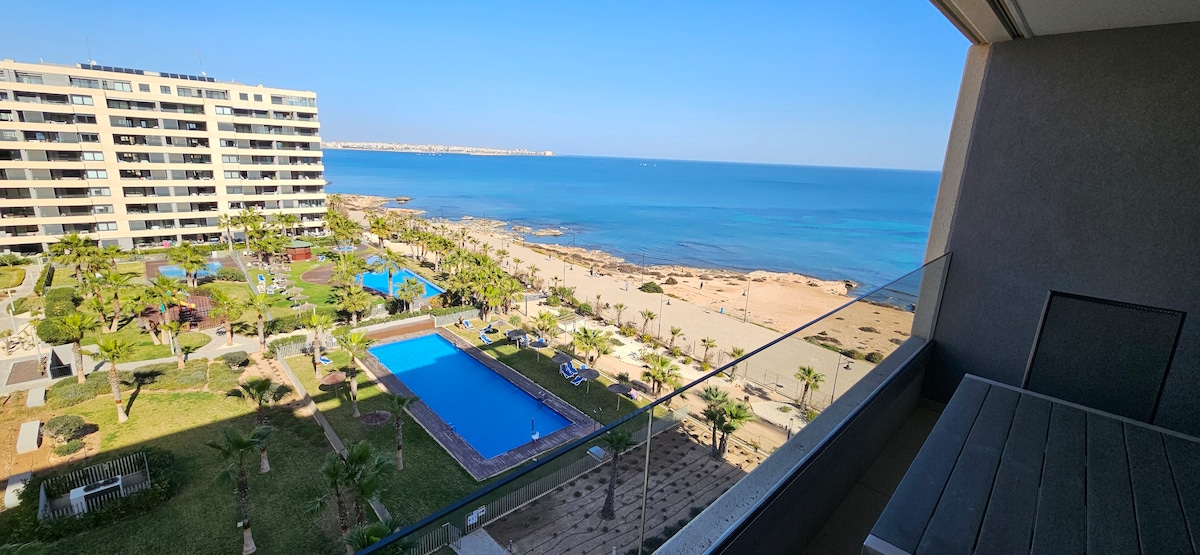 A stunning view of the coastline is visible from a balcony. A large swimming pool is located below, surrounded by landscaped gardens and palm trees, while the sandy beach extends towards the horizon. The tranquil sea reflects the clear blue sky.