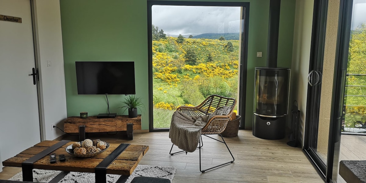 A comfortable living area features a large window providing a view of vibrant yellow flowers in the landscape. A wooden coffee table holds decorative items, while a cozy armchair and a small plant enhance the inviting space. A modern fireplace is positioned nearby.