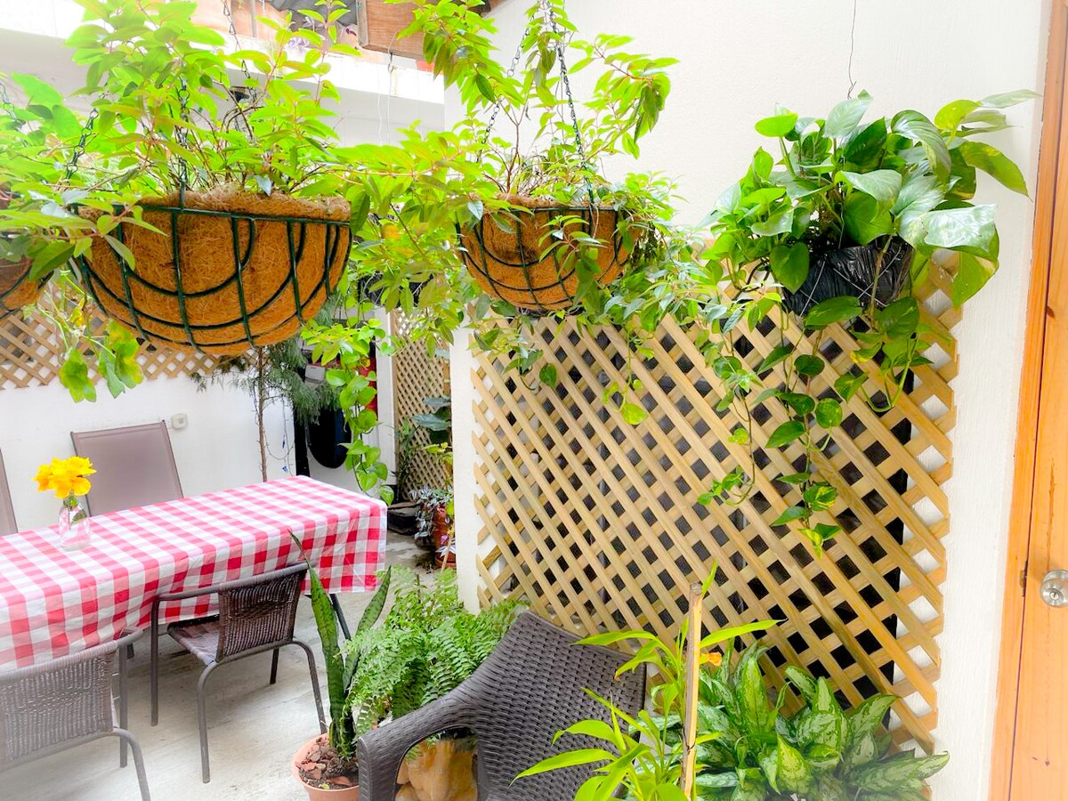 A bright outdoor space features hanging planters with green foliage, enhancing the natural ambiance. A checkered tablecloth covers a dining table surrounded by chairs, providing a cozy area for gatherings. Lattice panels and various plants adorn the surroundings, contributing to a serene environment.
