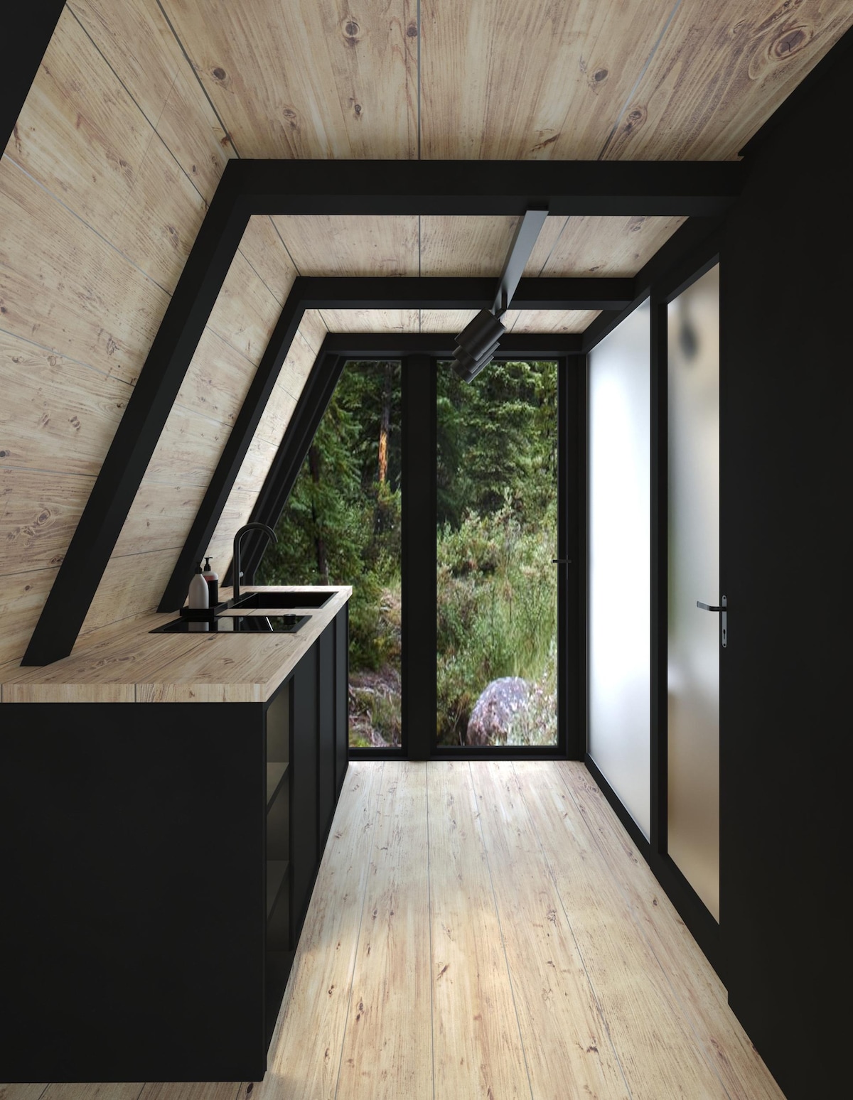 A modern kitchen area features sleek black cabinetry and a countertop, with a minimalistic design complementing the natural wooden ceiling. Large windows provide a view of the surrounding forest, allowing natural light to fill the space.
