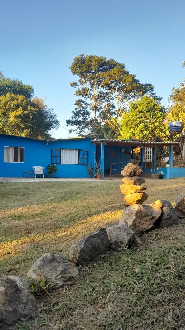 A vibrant blue house is surrounded by lush greenery, with a well-maintained lawn in the foreground. A stack of stones is positioned near a natural rock border, adding a touch of rustic charm. A covered porch provides additional outdoor seating options.