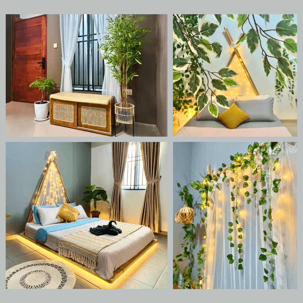 A bright bedroom showcases a spacious bed dressed in soft linens with a decorative throw and a vibrant cushion. A unique triangular light feature accentuates the wall, surrounded by greenery and soft lighting. Natural light streams in through a window, creating a calming ambiance.
