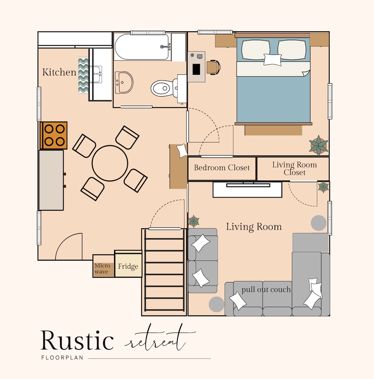A detailed floor plan of the apartment is presented, showing designated areas for the kitchen, bathroom, bedroom, and living room. The layout includes spaces for a pull-out couch, a dining area with a round table, and multiple closets for convenient storage.