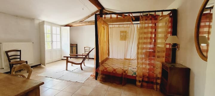 主双人房，可直接通往卫生间和厕所、标准双人床、花园景观