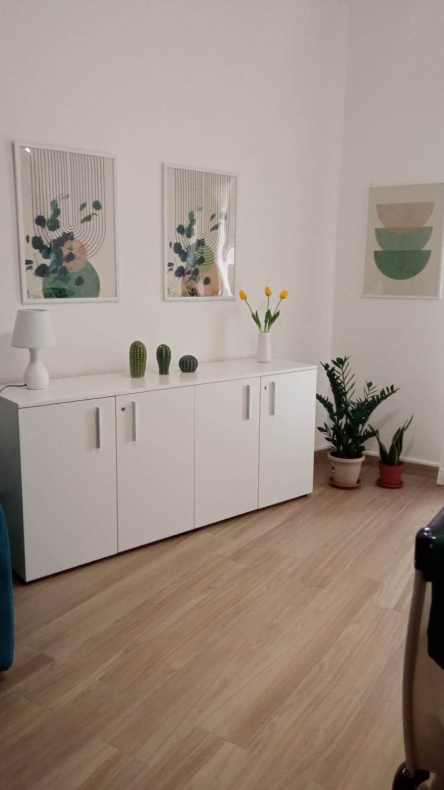 A bright interior showcases a white sideboard with sleek cabinet doors, topped with decorative elements including a lamp and green plants. Framed artworks featuring floral and geometric designs are displayed on the wall, complementing the warm wood flooring.