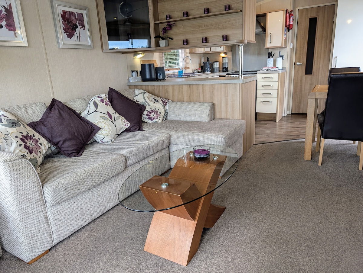 A cozy lounge area is featured with a comfortable gray sofa adorned with decorative cushions. A glass coffee table with a small centerpiece is positioned in front. Natural light enters through a nearby window, illuminating the blending of the lounge and kitchen spaces.