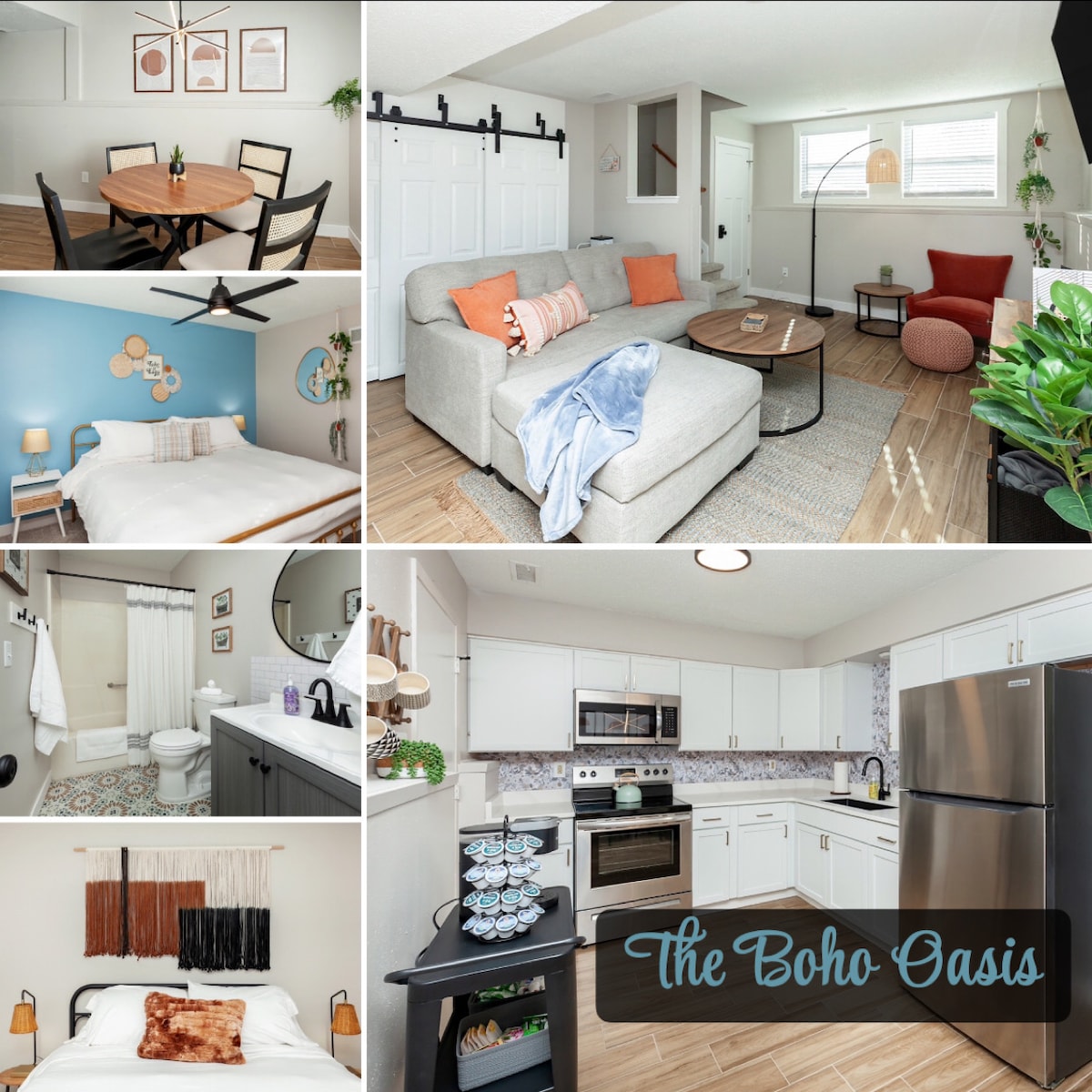 A collage showcases the inviting spaces of The Boho Oasis. Features include a dining area with wooden tables, a cozy living room with a light sofa and vibrant throw pillows, elegant bedroom settings, a bathroom with a shower curtain, and a modern kitchen with stainless steel appliances.