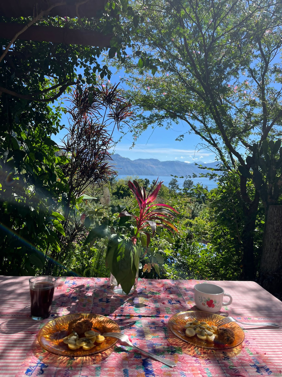 An outdoor dining area is surrounded by lush greenery, featuring a table set with two plates of food and drinks. In the background, a scenic view of mountains and blue skies is visible, enhancing the serene atmosphere.