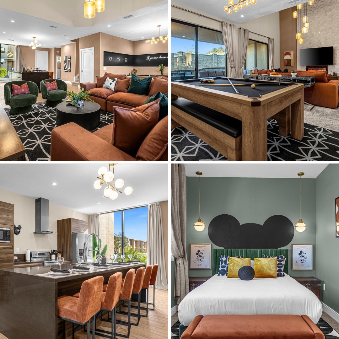 The spacious living area features multiple seating options, a large Smart TV, and a game area with a pool table. Natural light floods the space through large windows, enhancing the relaxed atmosphere. An inviting kitchen is also visible, equipped with modern appliances and seating for six.