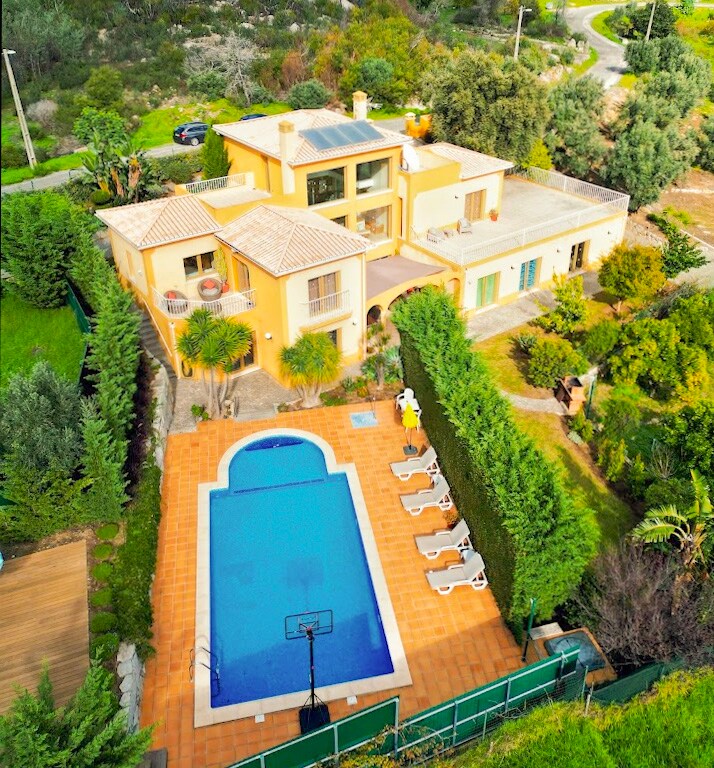 An aerial view showcases a spacious property surrounded by lush greenery. A rectangular swimming pool is set against a backdrop of tall hedges and palm trees, with sun loungers positioned along the edge. The house features a terracotta roof and multiple outdoor spaces.