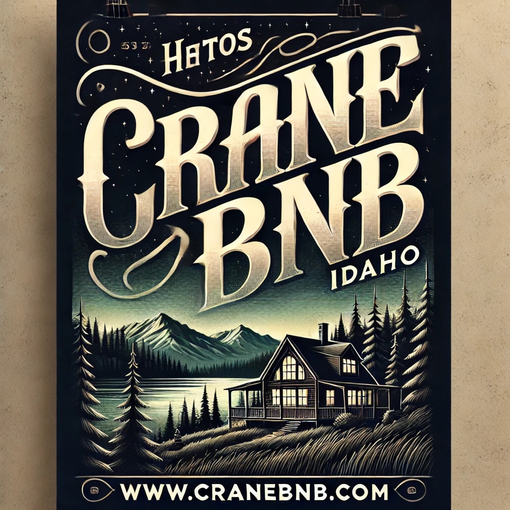 A vintage-style sign features the name 'Crane BNB' prominently displayed in decorative lettering. The backdrop includes a cabin surrounded by trees, with mountains visible in the distance. The overall design evokes a sense of nature and tranquility.