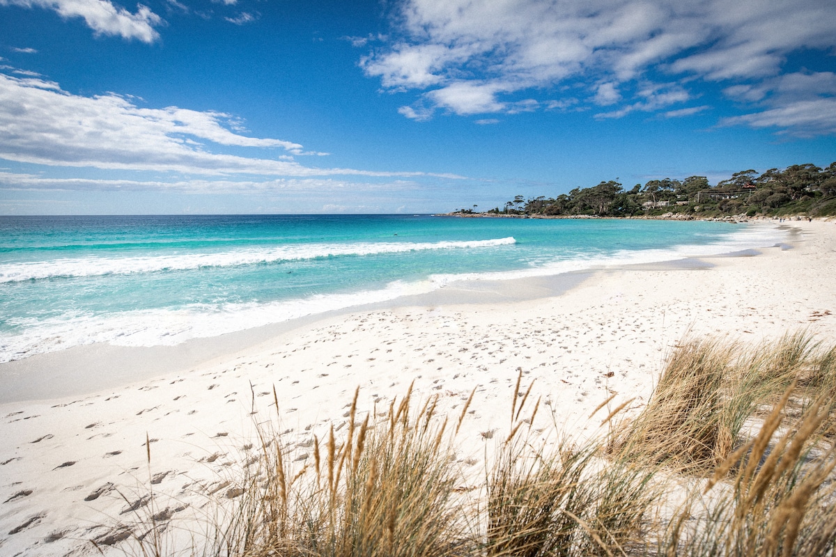 A sandy beach stretches along the coast, featuring gentle waves lapping at the shore. Soft footprints are marked in the sand, and tufts of grass line the beach, framing the turquoise waters and clear blue sky above.