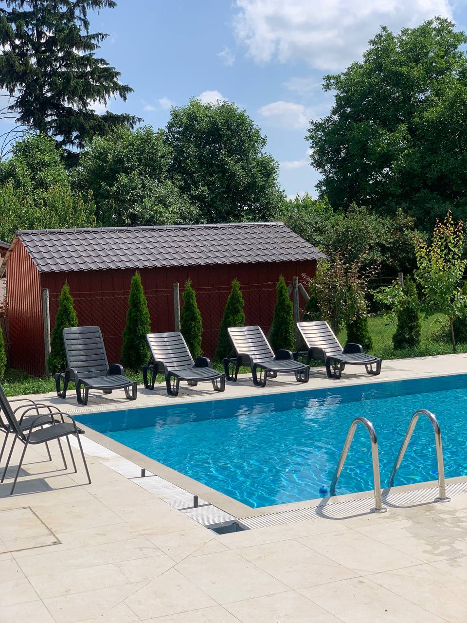 A clear pool glistens under sunlight, surrounded by green trees. Six lounge chairs are positioned nearby, providing a comfortable spot for relaxation. A shed stands in the background, adding to the functional outdoor space.