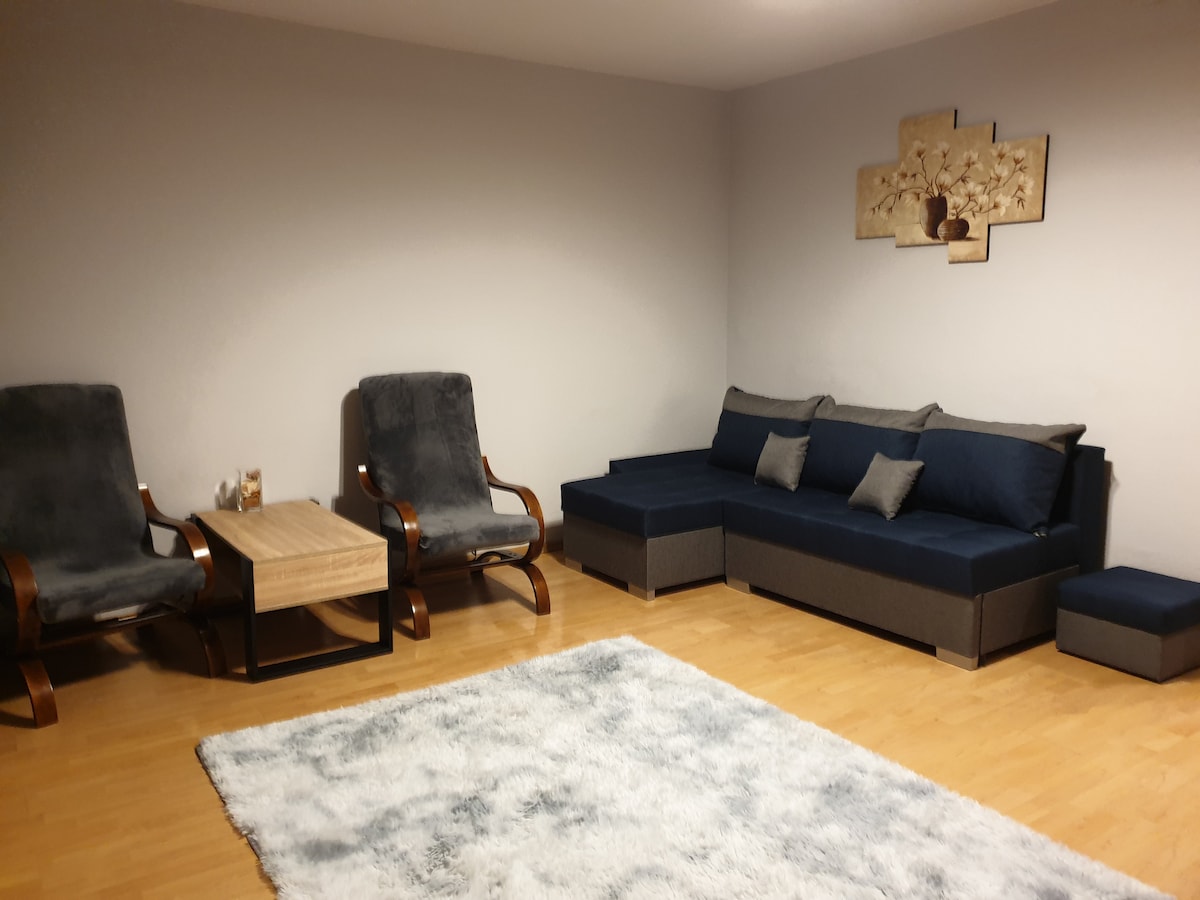 A living area features a plush area rug in soft tones, complemented by a sleek coffee table. Two armchairs and a sectional sofa, adorned with decorative cushions, provide comfortable seating. A wall-mounted artwork adds a touch of elegance to the overall space.