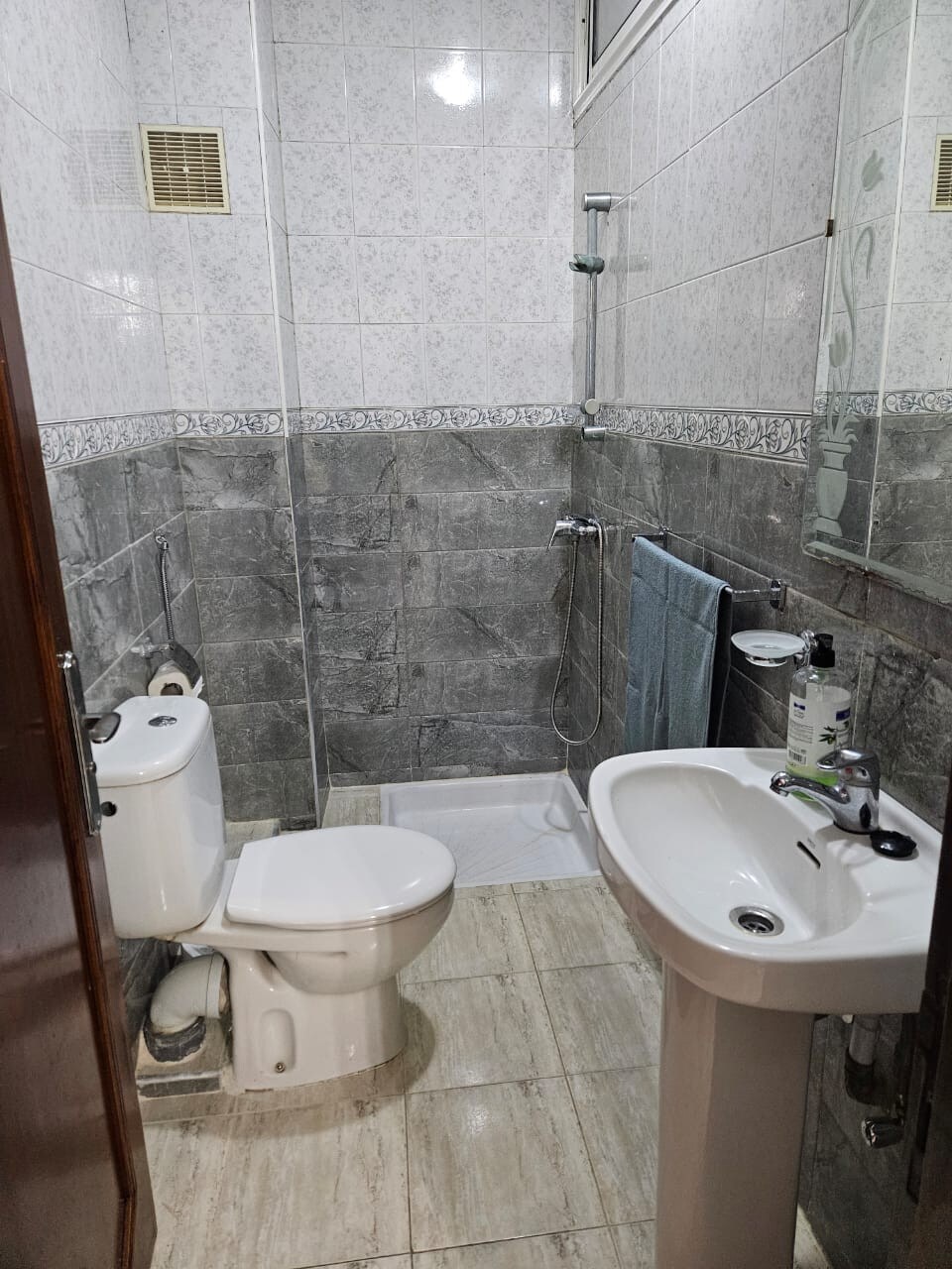 The bathroom features a modern design with a standing shower, a vanity sink, and a toilet. Gray tiled walls create a cohesive look, while ample natural light illuminates the space through a small window. Essentials like hand soap and towels are visible.