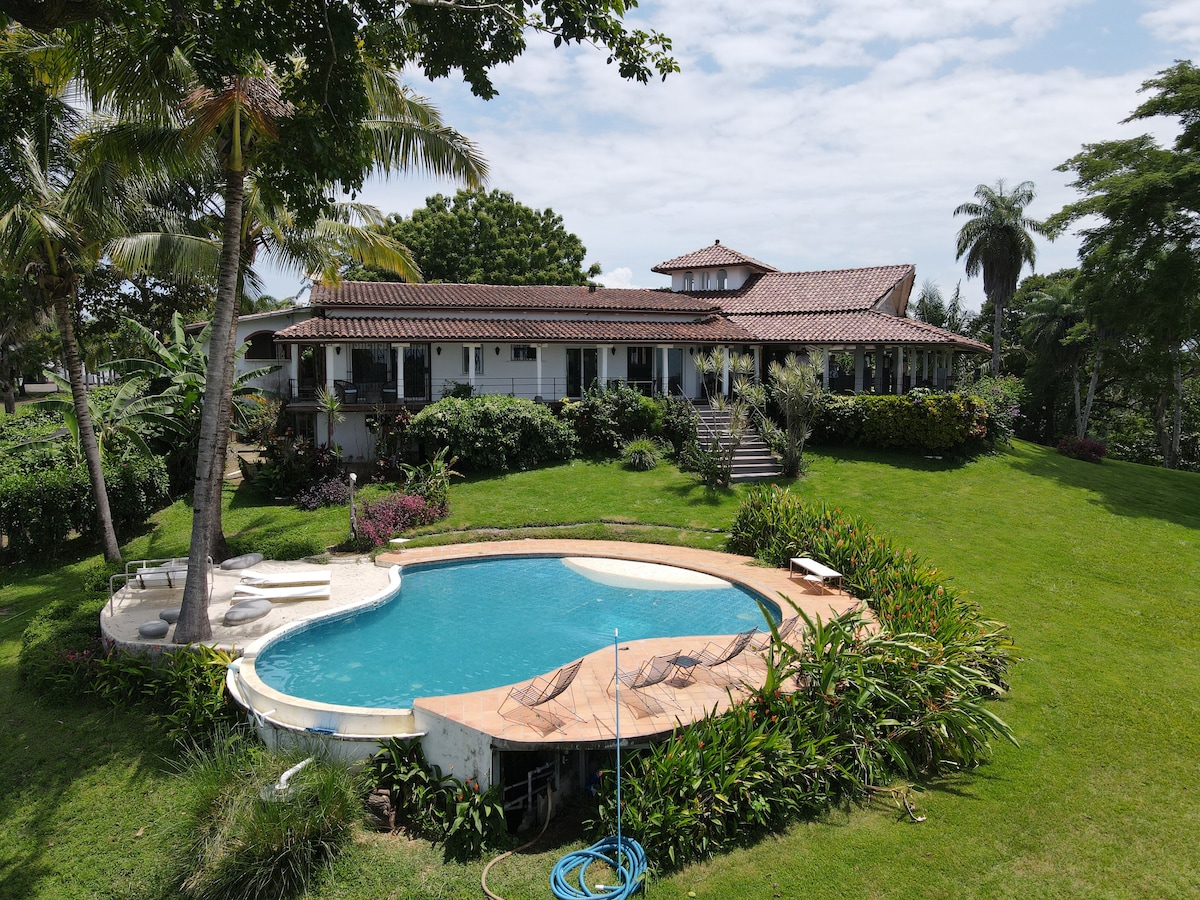 A spacious outdoor area features a sparkling infinity pool surrounded by lush greenery and well-maintained gardens. The inviting pool deck is equipped with loungers. In the background, a large house with a distinct roofline and multiple windows complements the serene setting.