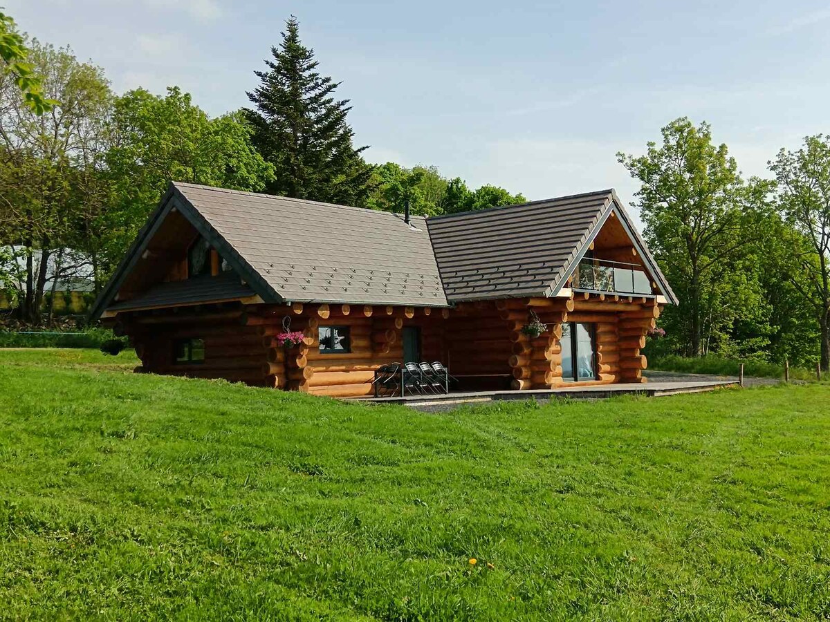 A charming log cabin features a wooden exterior with a peaked roof and decorative wooden accents. Large windows allow natural light to fill the interior. Surrounded by greenery and trees, the cabin is set in a peaceful natural environment, providing a serene atmosphere for relaxation.