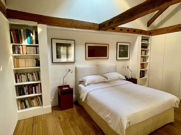 غرفة نوم رئيسية يغمرها الضوء من خلال نافذة تطل على الفناء، ومن خلال نافذة السقف.