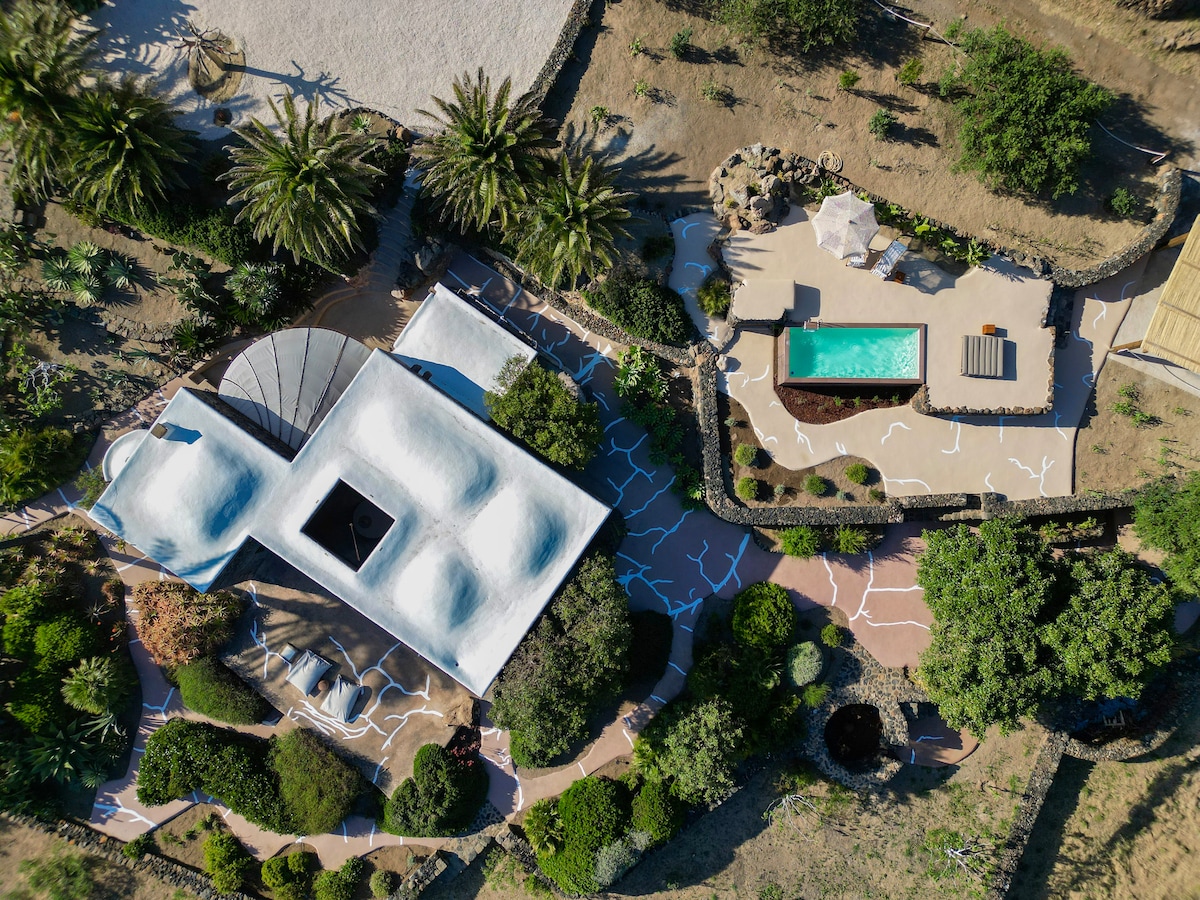 An aerial view of the property showcases a unique architectural design surrounded by lush greenery. A private pool is highlighted by sun loungers and a shaded area, while pathways meander through the landscaped garden, illustrating a harmonious blend of nature and structure.