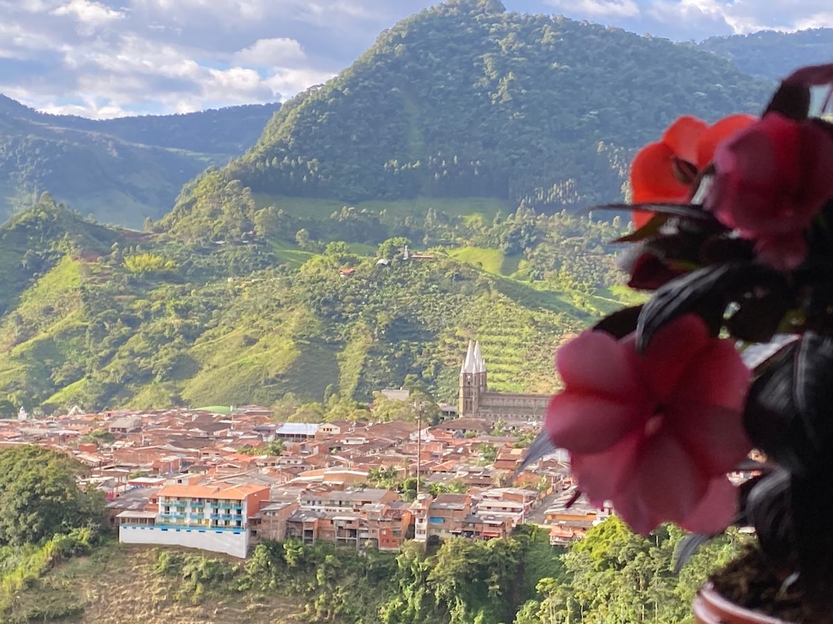 A vibrant view from a balcony features a colorful town nestled among rolling green hills. The image includes a blooming plant in the foreground, framing the picturesque landscape which showcases a church steeple and surrounding mountains.