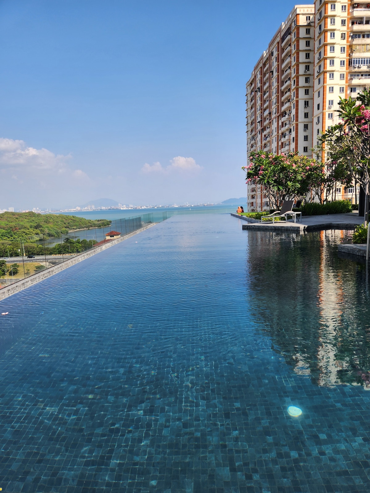 An infinity pool stretches towards the horizon, reflecting the clear blue sky. Lush greenery lines the edge, complemented by flowering plants. The surrounding modern building stands tall, offering a serene view of the water and city beyond.
