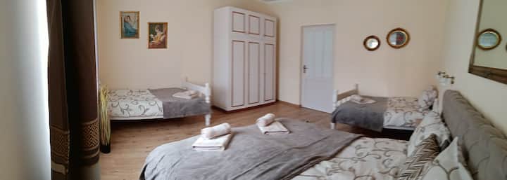 ห้องนอนพร้อมเตียงเดี่ยว 2 หลังและเตียงคู่  