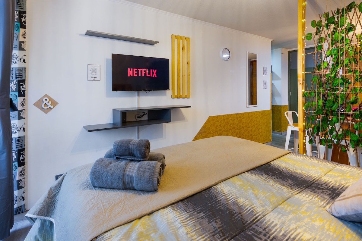 A contemporary bedroom features a spacious bed adorned with neatly placed towels. A flat-screen TV displays streaming options, while decorative elements, including wall-mounted shelves and hanging plants, create an inviting look. Soft lighting contributes to the room's relaxing atmosphere.