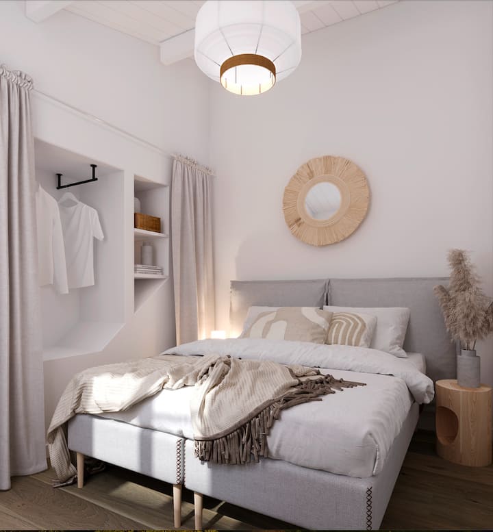 2 легла x 90x200. Възможност за разделяне на леглата или присъединяване към тях в двойно легло (180x200 см).
На изображението не се виждат бюро и фотьойл за второ работно пространство.