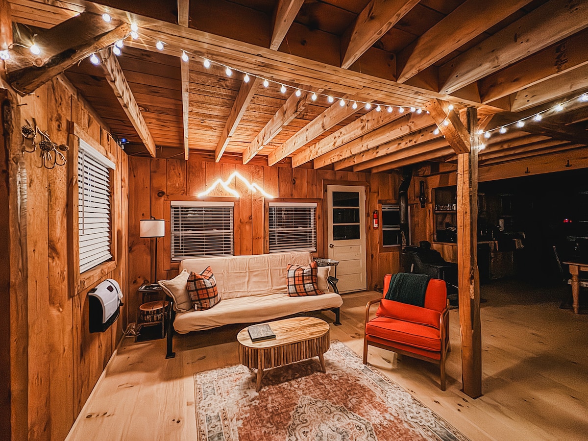 The cozy living area features rustic wooden walls and ceiling, accented by warm lighting. A light-colored futon is paired with an orange armchair, and a circular coffee table rests on a patterned rug. Natural light filters through the windows, creating a welcoming atmosphere.
