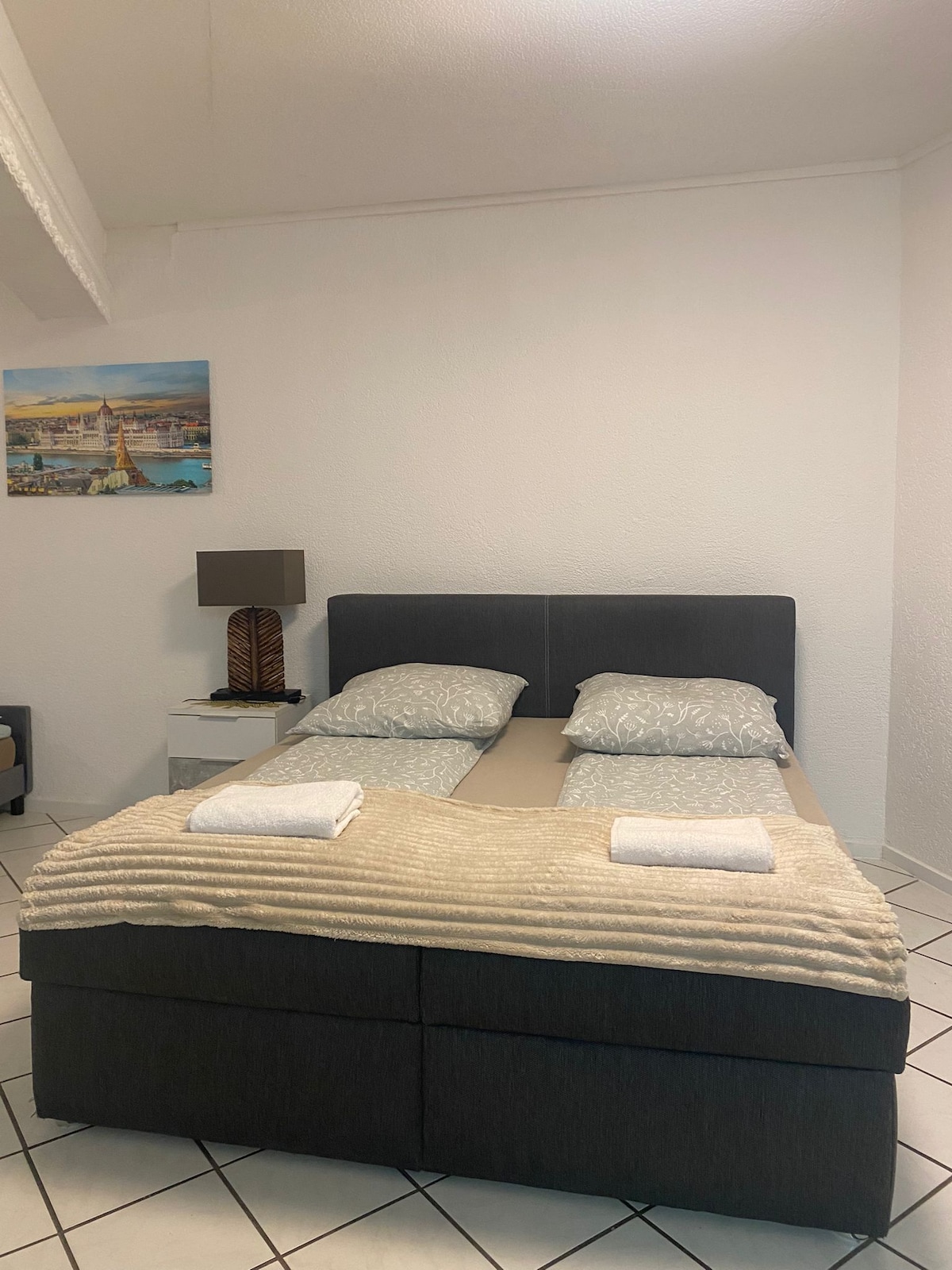 A well-appointed sleeping area features a spacious bed topped with neatly arranged pillows. A light blanket is draped across the bed. A bedside table holds a lamp, and a colorful artwork adorns the wall, enhancing the calming atmosphere.