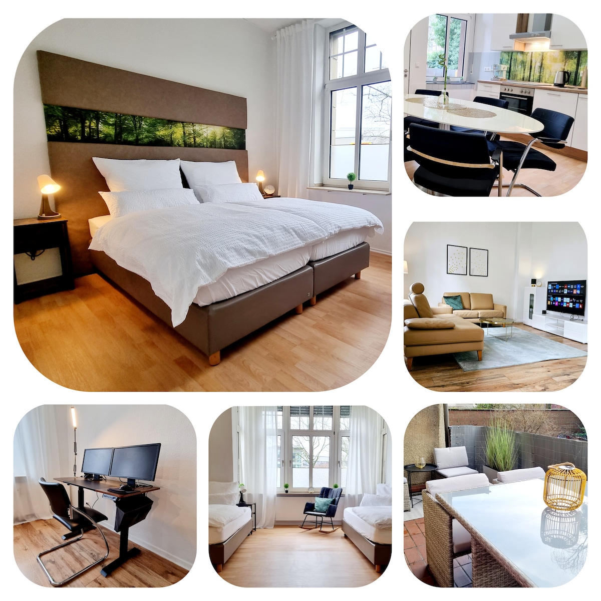 A spacious bedroom is highlighted with two large beds dressed in crisp white linens. Soft lighting from bedside lamps enhances the serene atmosphere. A fully equipped kitchen is visible in the background, featuring modern appliances. The living area includes a comfortable couch and a smart TV, creating a welcoming space.