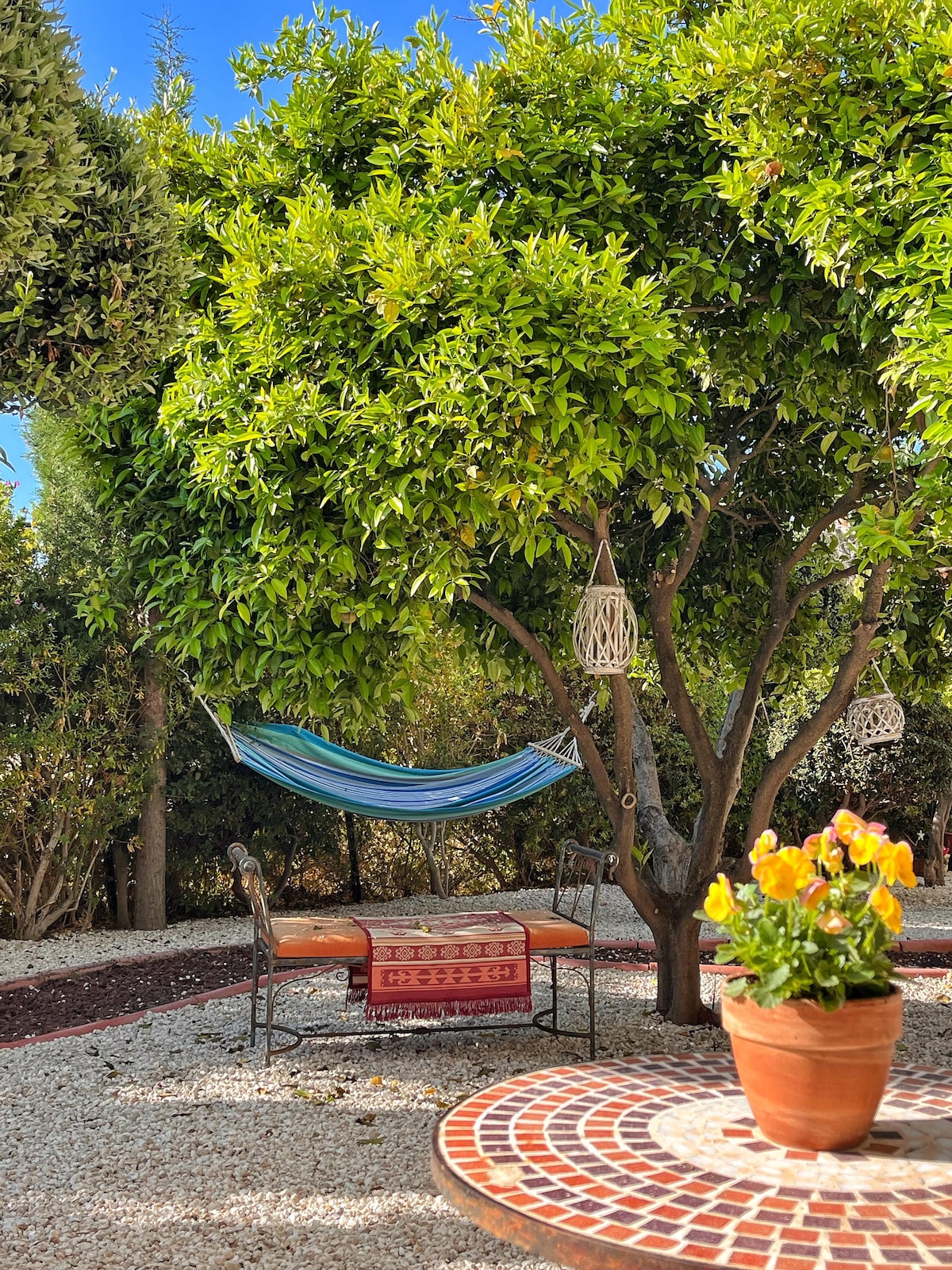 A tranquil outdoor area is shaded by lush trees, featuring a colorful hammock suspended between two trunks. A small table with a tiled top sits nearby, accompanied by cushioned chairs. A flower pot with vibrant blooms adds a touch of color to the serene ambiance.