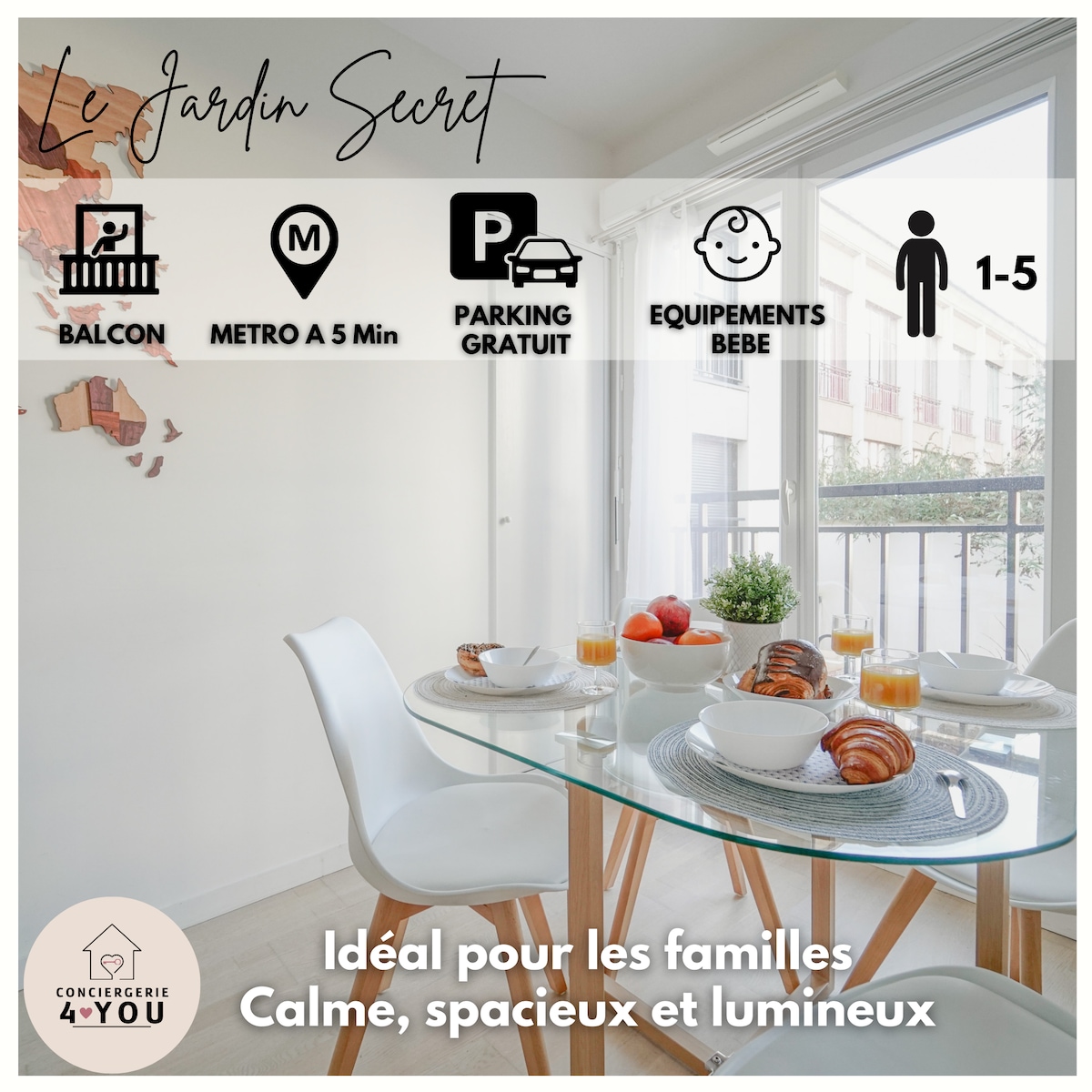 The dining area is equipped with a round table set for four, featuring croissants and beverages. Large windows allow natural light to brighten the space. A balcony view is visible, providing a glimpse of the outdoors. Family-friendly amenities are highlighted.