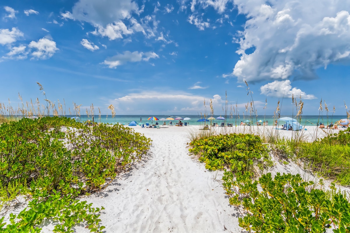 A sandy path leads through lush coastal vegetation toward the beach, where umbrellas are scattered across the shore. The vibrant blue sky is dotted with fluffy clouds, while the serene waves of the Gulf of Mexico stretch out in the background.