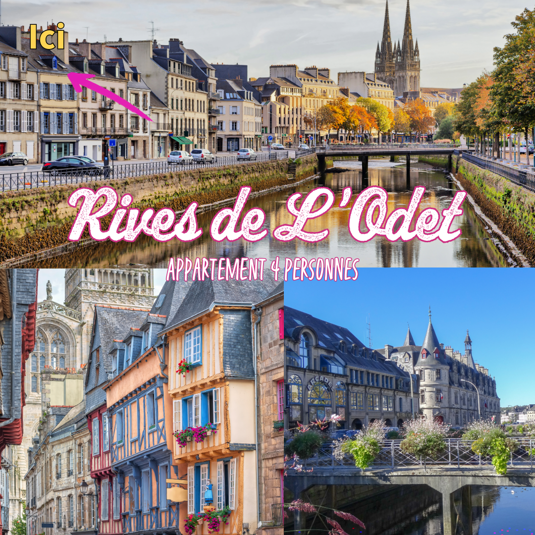The image captures a scenic view of the river Odet with charming buildings lining its banks in the center of Quimper. The architecture features a mix of traditional styles, characterized by colorful facades and ornate details, creating a vibrant atmosphere along the waterway.