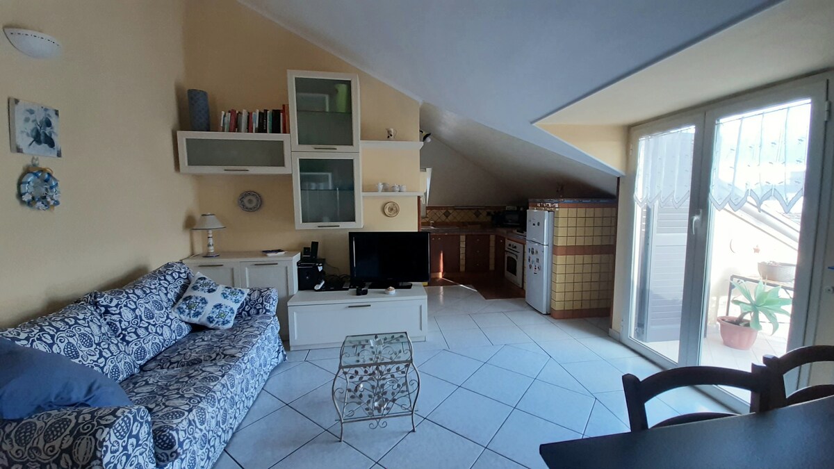 A cozy living area includes a patterned blue sofa, a white TV unit, and a dining table with chairs. Light enters through large glass doors, illuminating the space and showcasing an open kitchen area in the background.