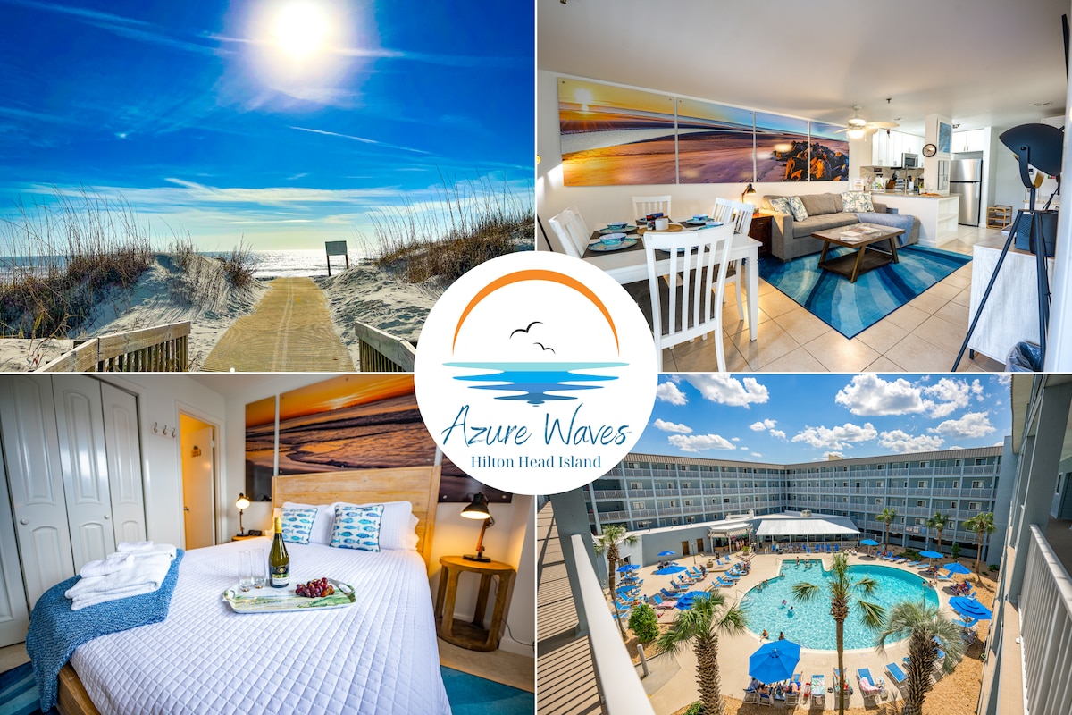 A scenic boardwalk leads to the beach, framed by tall grass under a bright sky. An inviting living area with a soft sofa and dining space is showcased. A cozy bedroom with a neatly made bed is visible, accompanied by a welcoming outdoor pool area surrounded by lounge chairs.