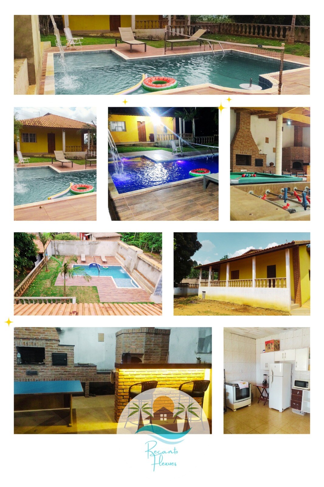 An expansive outdoor area features a sparkling swimming pool surrounded by lounge chairs. A covered barbecue area includes a grill and pizza oven. Ample space is available for recreational activities, including a pool table and ping pong setup. The layout offers various entertainment options for guests.